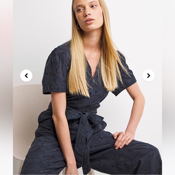 Whistles Zoe Broderie Jumpsuit Eyelet Self Tie Straight Leg Navy Blue Sz 2 NWT - Picture 5 of 8